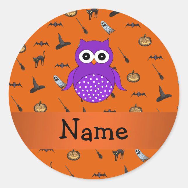 Personalized name owl halloween pattern classic round sticker (Front)
