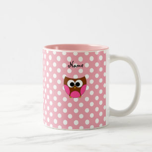 Personalized name owl pink white polka dots Two-Tone coffee mug