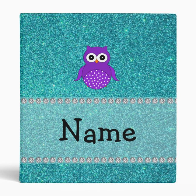 Personalized name owl turquoise glitter binder (Front)