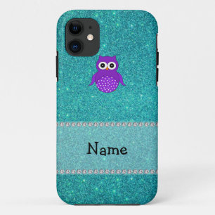 Personalized name owl turquoise glitter iPhone 11 case