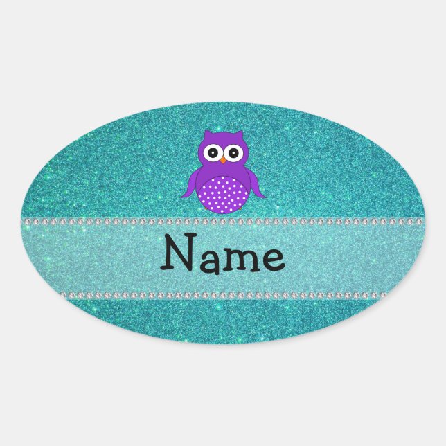Personalized name owl turquoise glitter oval sticker (Front)