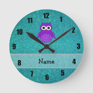 Personalized name owl turquoise glitter round clock