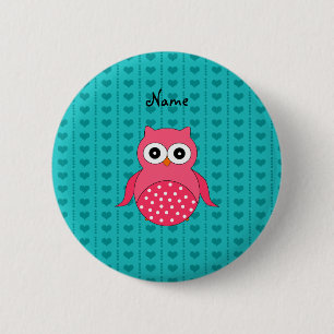 Personalized name owl turquoise hearts 2 inch round button