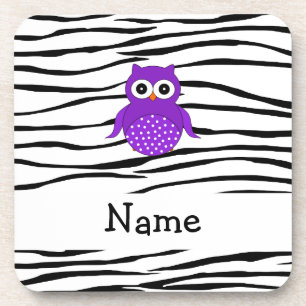 Personalized name owl zebra stripes coaster