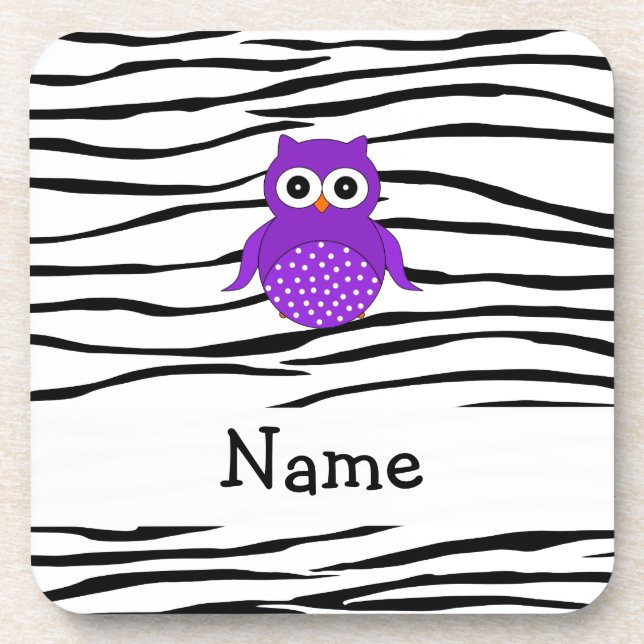 Personalized name owl zebra stripes coaster (Front)