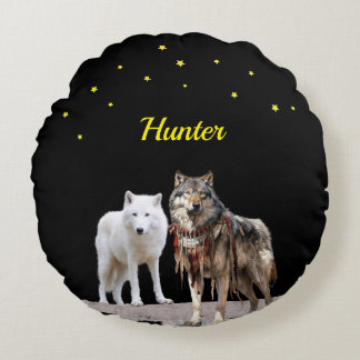 Personalized name pair of wolves round pillow