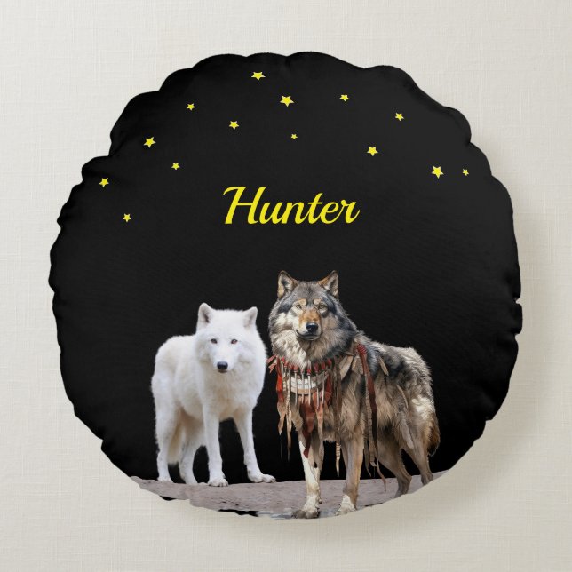 Personalized name pair of wolves round pillow (Front)