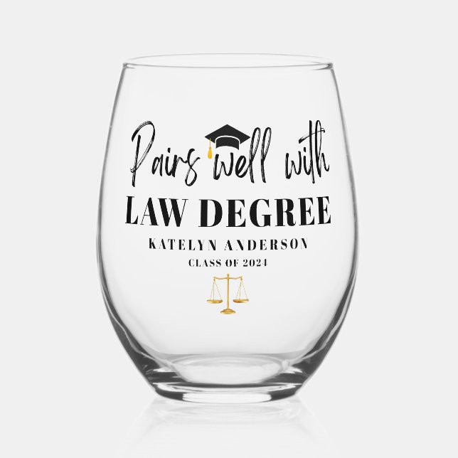 Personalized Name Pairs Well with Law Degree Stemless Wine Glass (Front)
