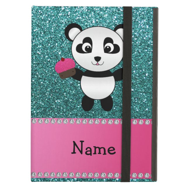 Personalized name panda cupcake turquoise glitter cover for iPad air (Front Closed)