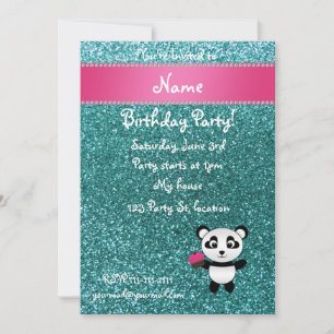 Personalized name panda cupcake turquoise glitter invitation