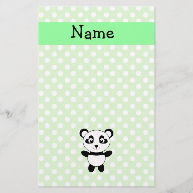 Personalized name panda green polka dots stationery (Front)