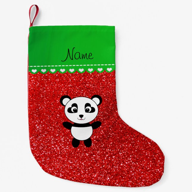 Personalized name panda neon red glitter small christmas stocking (Front)