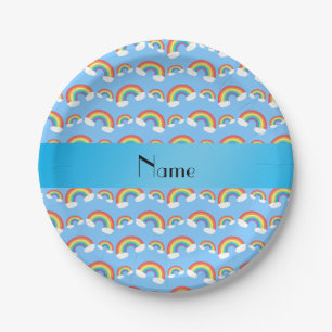 Personalized name pastel blue rainbows pattern paper plate