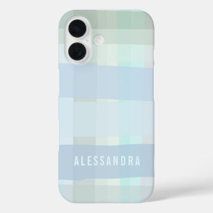 Personalized Name Pastel,Check Plaid Blue Sage  iPhone 16 Case