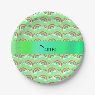 Personalized name pastel green rainbows paper plate