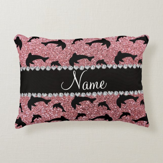 Personalized name pastel pink glitter dolphins accent pillow (Front)