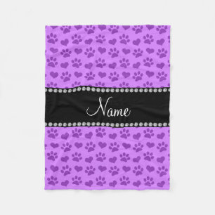 Personalized name pastel purple hearts and paws fleece blanket
