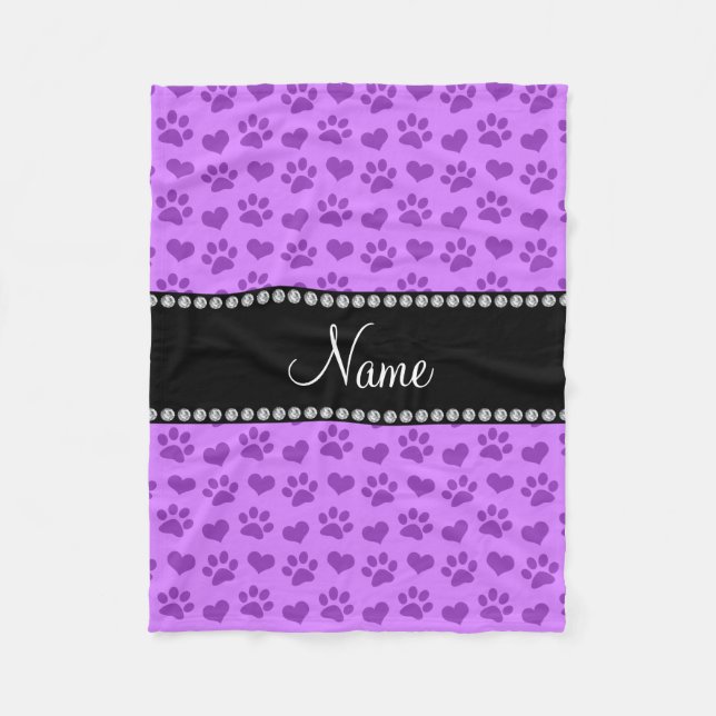 Personalized name pastel purple hearts and paws fleece blanket (Front)