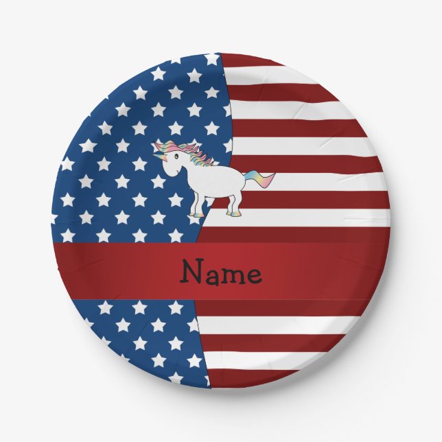 Personalized name Patriotic unicorn Paper Plate (Front)