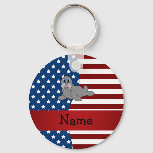 Personalized name Patriotic walrus Keychain