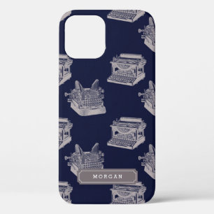Personalized Name Pattern Blue Vintage Typewriter iPhone 12 Case