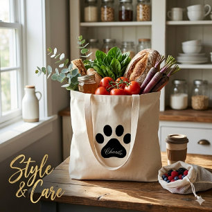 Personalized Name Paw Print Reusable Grocery Tote Bag