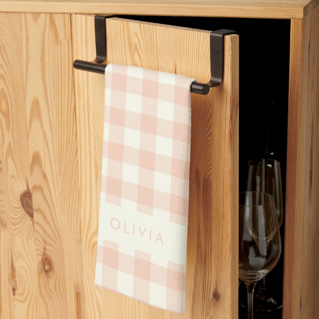 Personalized Name Peach Gingham Check Plaid Rustic Kitchen Towel (Thirds Fold)