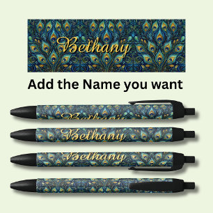 Personalized Name Peacock Feathers Black Ink Pen