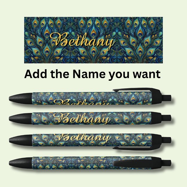 Personalized Name Peacock Feathers Black Ink Pen (Creator Uploaded)