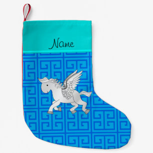 Personalized name pegasus blue greek key small christmas stocking