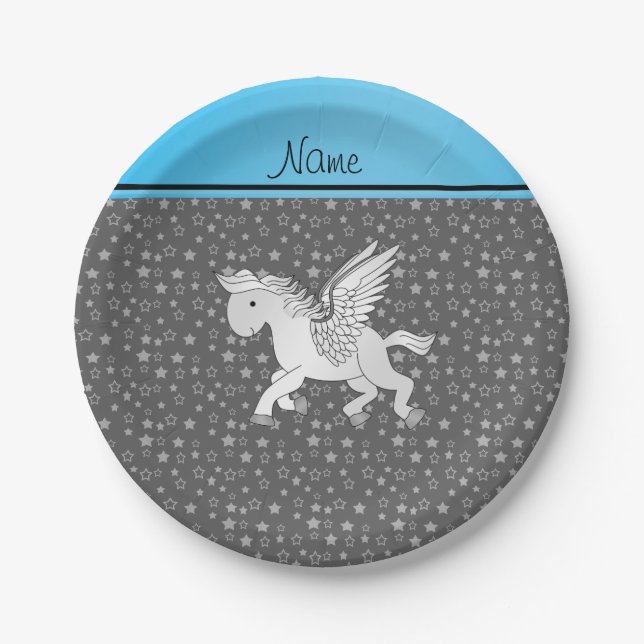 Personalized name pegasus grey stars paper plate (Front)