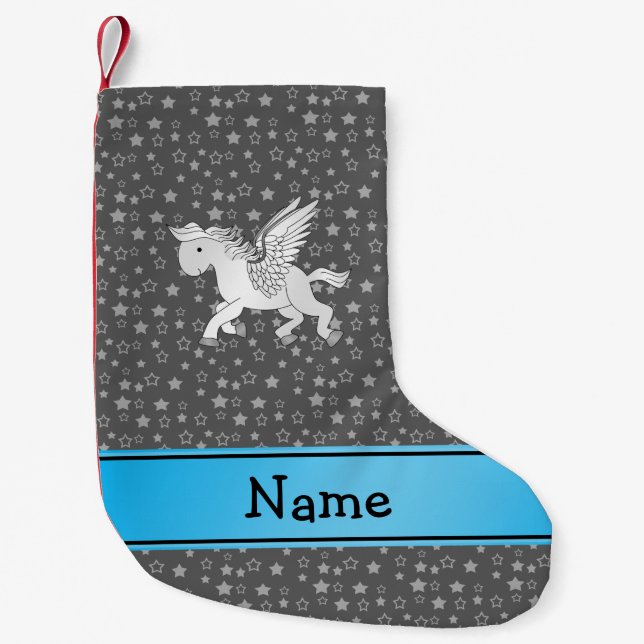 Personalized name pegasus grey stars small christmas stocking (Front)
