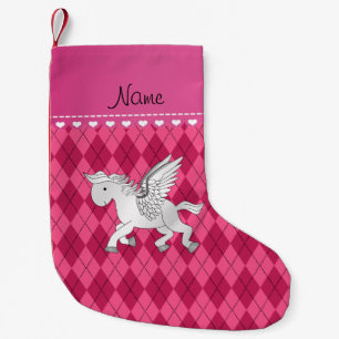 Personalized name pegasus pink argyle small christmas stocking