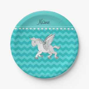 Personalized name pegasus turquoise chevrons paper plate