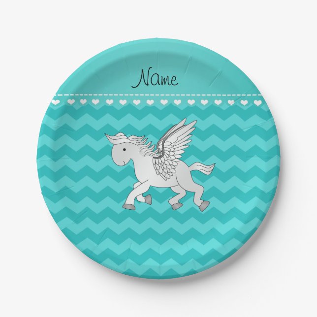 Personalized name pegasus turquoise chevrons paper plate (Front)