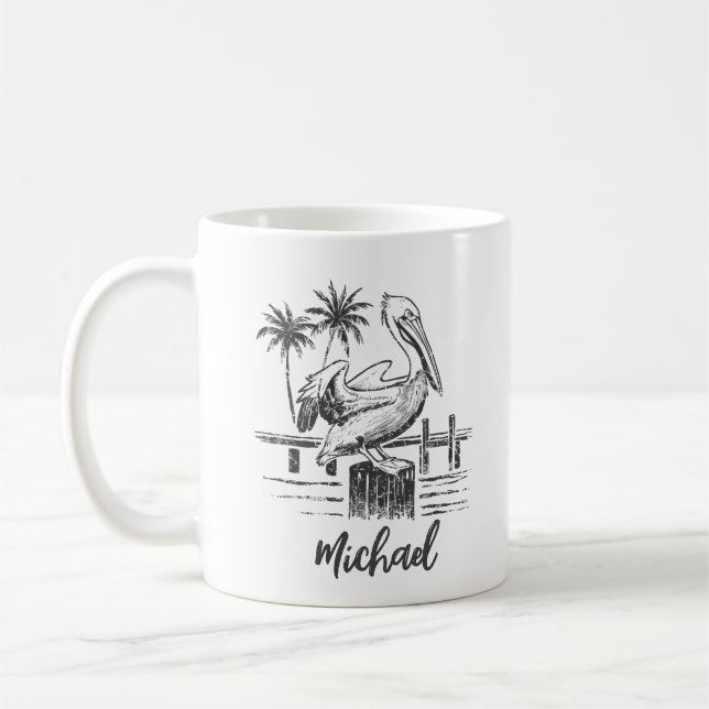 Personalized Name Pelican On A Post Palm Tree  Coffee Mug (Left)