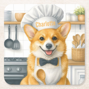 Personalized Name Pembroke Welsh Corgi Dog Chef Square Paper Coaster
