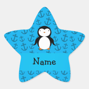 Personalized name penguin blue anchors pattern star sticker