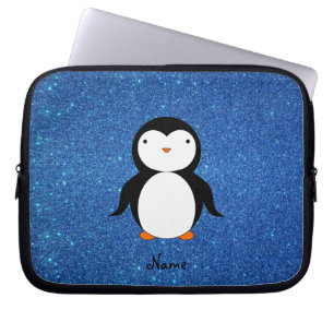 Personalized name penguin blue glitter laptop sleeve
