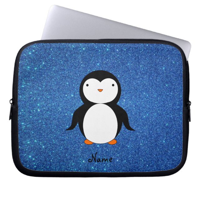 Personalized name penguin blue glitter laptop sleeve (Front)