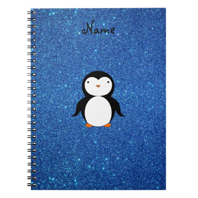 Personalized name penguin blue glitter notebook (Front)