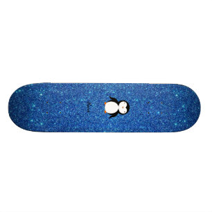 Personalized name penguin blue glitter skateboard