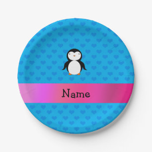 Personalized name penguin blue hearts paper plate