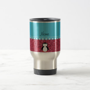 Personalized name penguin fuchsia pink glitter travel mug
