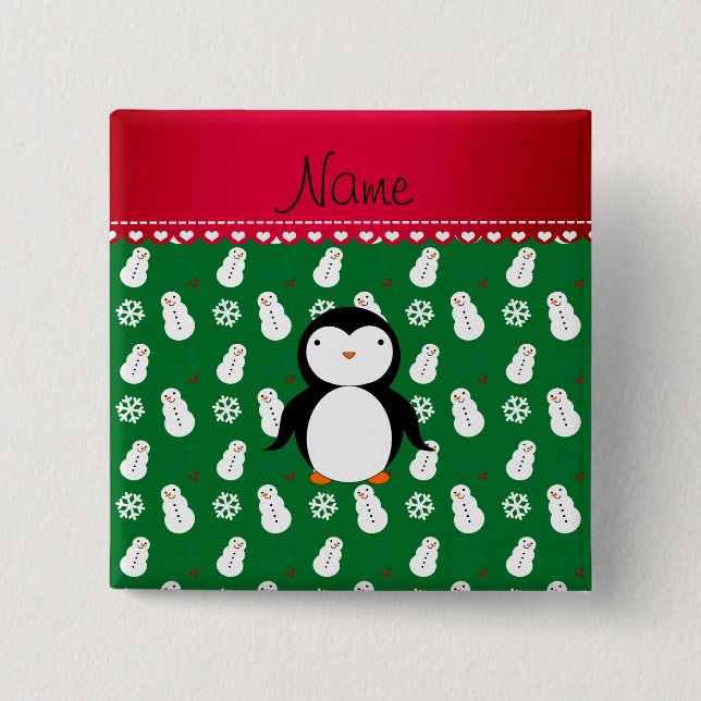 Personalized name penguin green snowmen snowflakes 2 inch square button (Front)