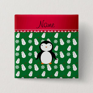 Personalized name penguin green snowmen snowflakes 2 inch square button