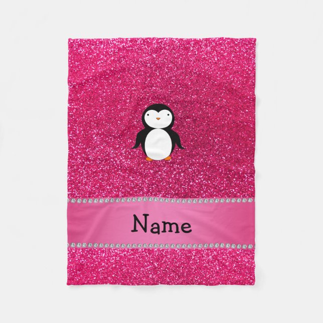Personalized name penguin pink glitter fleece blanket (Front)