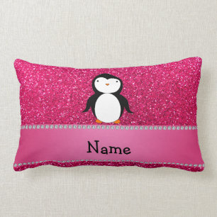 Personalized name penguin pink glitter lumbar pillow