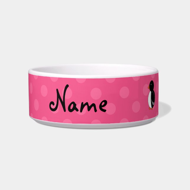 Personalized name penguin pink polka dots bowl (Left)