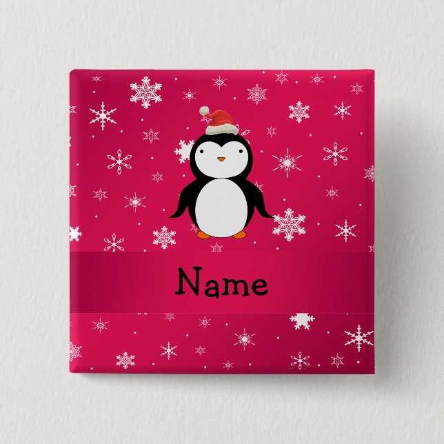 Personalized name penguin pink snowflakes 2 inch square button (Front)